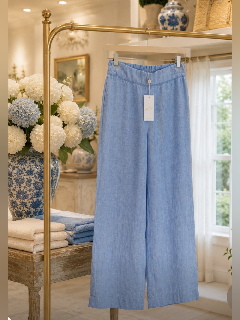 Lilly Pulitzer Blue Peri & Resort White Palazzo Linen Pants